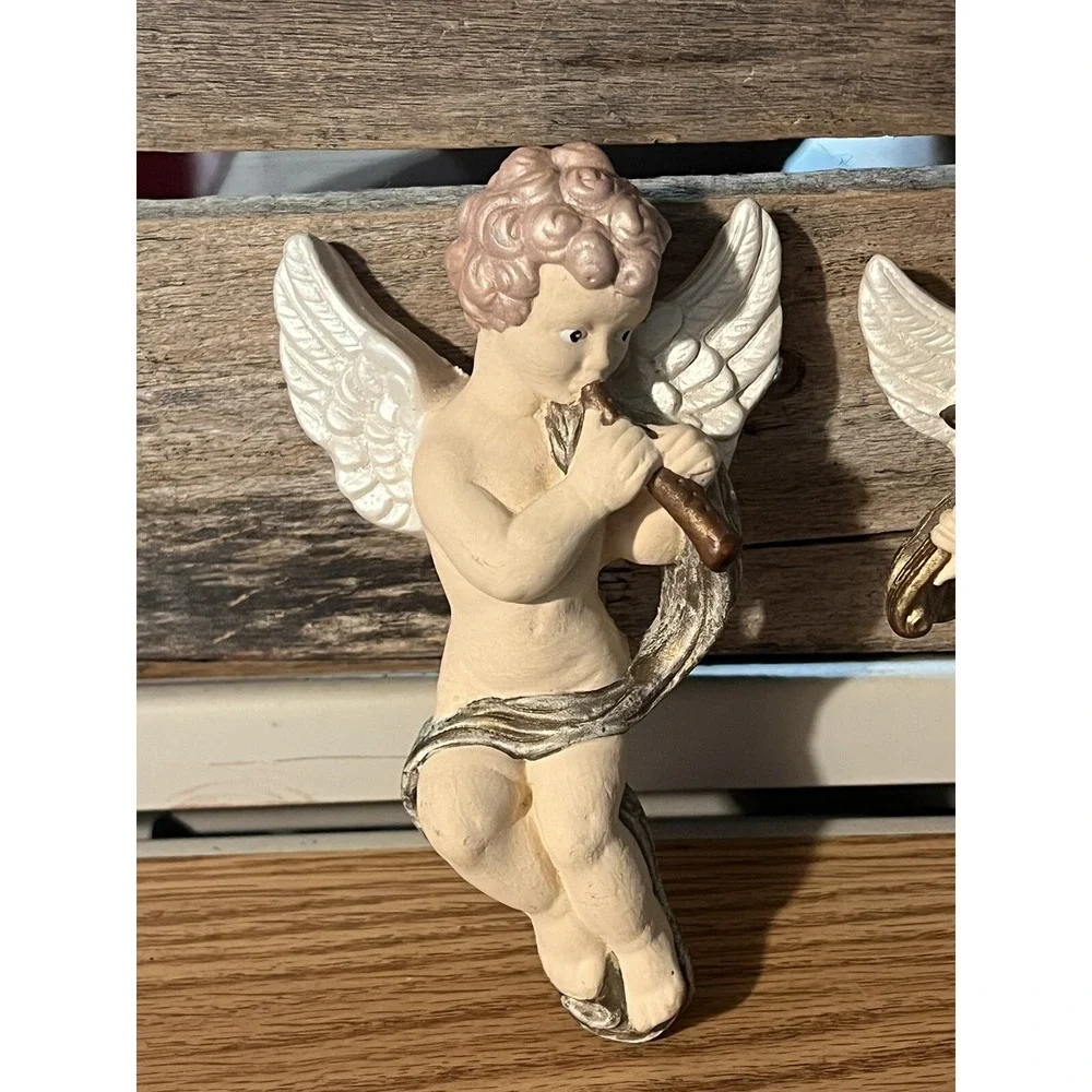 VTG Pair Italian Angel Cherubs Wall Hanging Victorian musicians 5.5